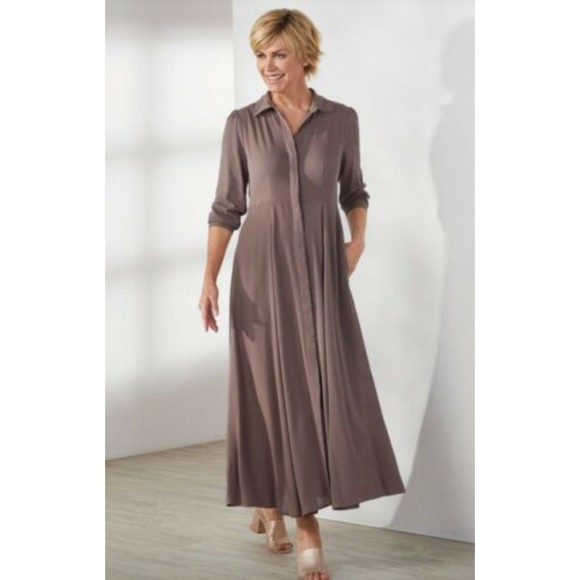 Soft Surroundings Brown Laurel Modest Maxi Gauze Button Up Shirt Dress - Picture 1 of 7